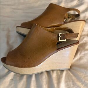 Express Brown Peep-Toe Slingback Wedge Sandals